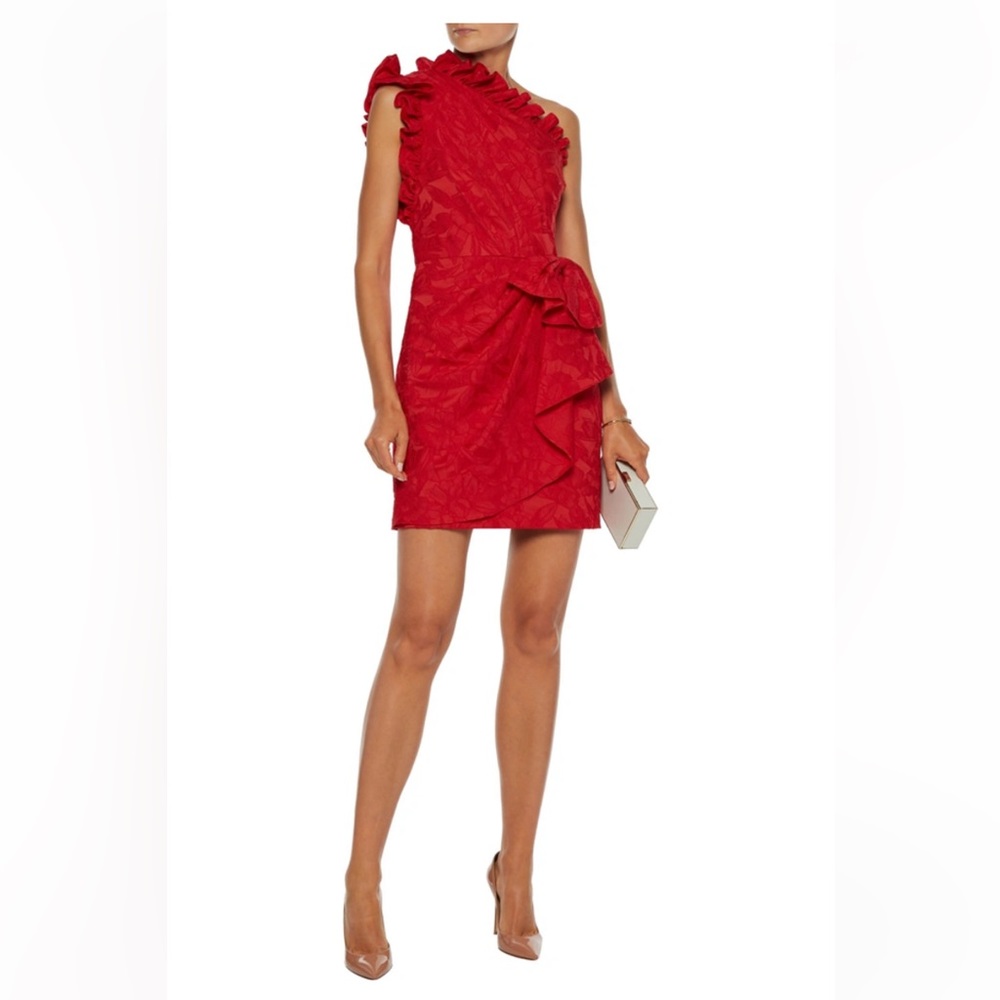 Monique Lhuillier One-Shoulder Bow Embellished Brocade Mini Dress